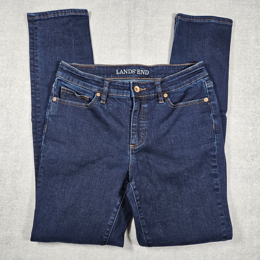 Lands End Womens Mid Rise Slim Jeans‎ Dark Indigo Blue Stretch Denim Size 8